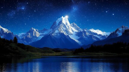 Snowy Mountain Peaks Reflecting Night Sky Over Calm Lake Scenery