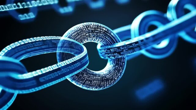 Futuristic digital chain link representing blockchain technology with binary code in a dark background
