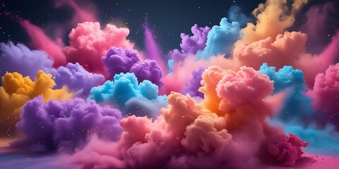 Explosion of vibrant multicolored powder clouds floating in the air, blending pink, purple, blue, and orange hues to create a dreamy abstract visual ideal for creative backgrounds and art.

