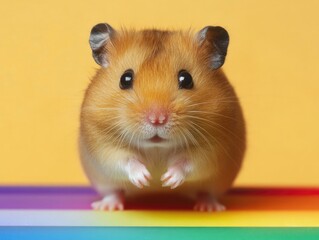 Adorable golden hamster standing on a vibrant rainbow surface  Its tiny paws are visible and it gazes directly at the