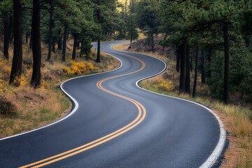 Fototapeta premium Serene winding forest road through pine trees and autumn colors