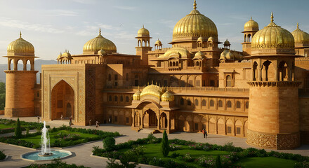 Majestic Golden Palace Exterior With Lush Gardens