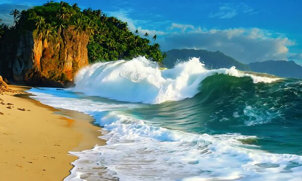 Scenic tropical beach with rock cliff and blue ocean with surfing waves
