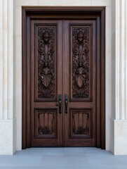 Ornate carved wooden double doors of a building.