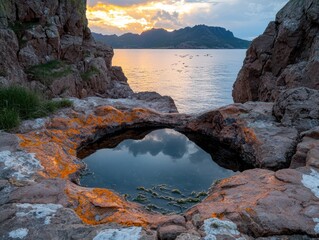 Scenic view of a rocky coastline at sunset with a tide pool.