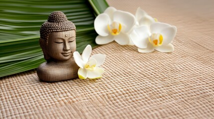 Bronze Statue with White Flowers and Green Leaf on Burlap