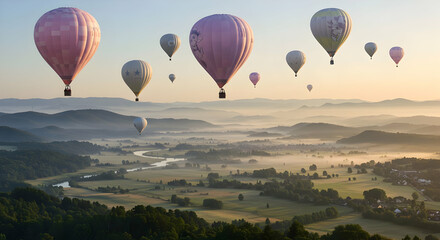 Fototapeta premium Pastel Hot Air Balloons Over Misty Valley Landscape At Sunrise