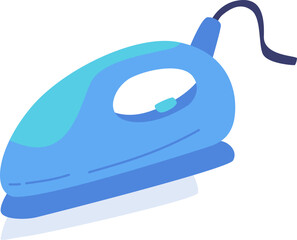 The image depicts a blue iron with a cord