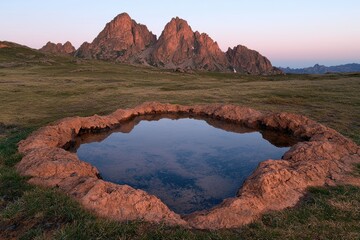 A scenic mountain landscape with a small lake reflecting the peaks.