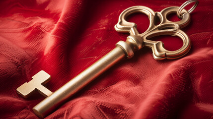 Golden key placed on red velvet fabric representing exclusive access, authority, and luxury, with intricate details and elegant design. Symbol of security, power, and premium membership.