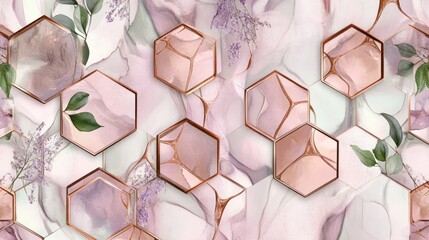 Rose Gold Hexagon Pattern with Floral Accents
