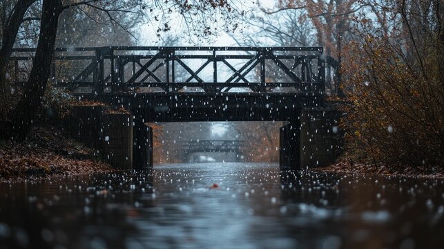 Rain falls on bridge over autumnal waterway.