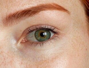 Fototapeta premium Close-up of a green eye with freckled skin.