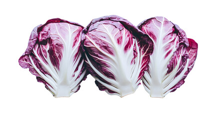 Obraz premium Three Vibrant Purple Cabbage Halves Displaying Intricate White Veins on a Black Background for