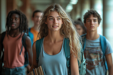 Fototapeta premium Teenage girl with long blonde hair holding books walking in school hallway surrounded by diverse group of classmates