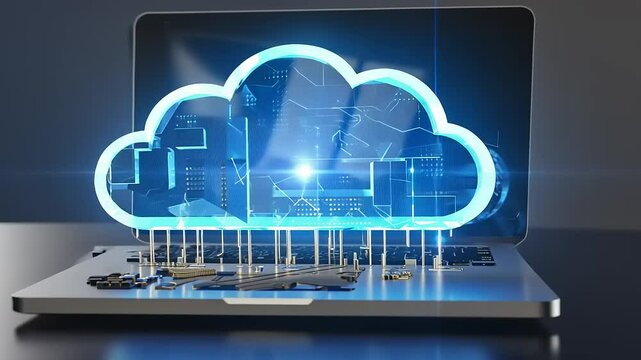 Futuristic laptop displaying a glowing cloud symbolizing data storage and connectivity in a modern workspace
