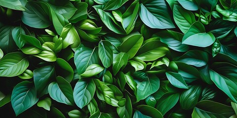 Obraz premium Lush green tropical foliage with rich textures and overlapping heart-shaped leaves creating a dense, natural pattern ideal for nature backgrounds and eco-themed visual designs.