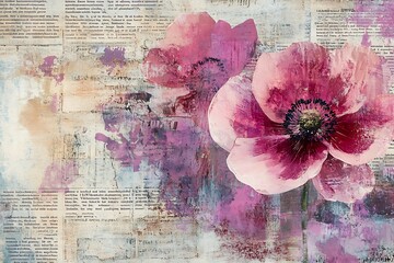 Abstract floral painting with pink poppies on newspaper background for artistic projects