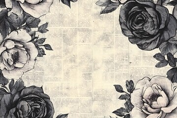 Vintage roses and newspaper collage background for scrapbooking and artistic designs