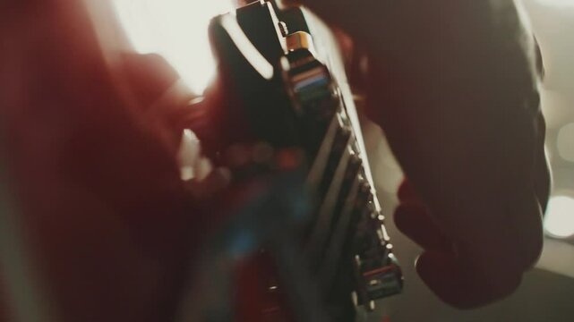 Close up of a guitarist tuning the strings of his electric guitar, adjusting the tuning pegs with precision and care, preparing for a music session or live performance