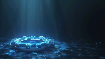 Illustrate a futuristic blue gear hologram hovering in the air against a dark background, providing ample space for text or branding related to technology or innovation