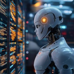 An intelligent AI-powered trading bot executing high-frequency trades in a glowing digital stock exchange.