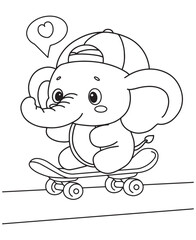 Obraz premium Coloring book elephant skateboarding with a cap and a heart speech bubble
