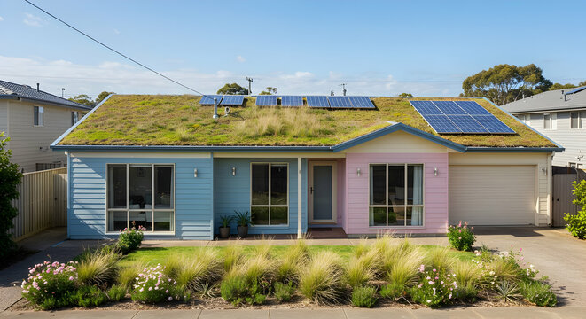 Two Colorful Houses With Solar Panels And Green Roofs
