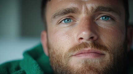 Obraz premium Closeup portrait of a thoughtful bearded man with intense blue eyes and a serious contemplative facial expression He appears deep in thought introspective and focused