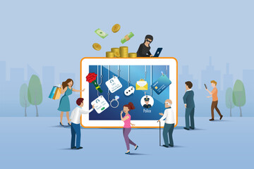 Cyber crime, online phishing scam in digital devices. Victim people with phishing hooks on SMS fraud link, credit card, password hacking, fake police and romance scam. Vector.