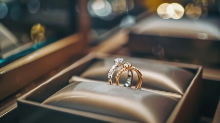 Show couple rings inside a jewelry box with a blurred, elegant background, leaving space for custom text or branding for a jewelry store.