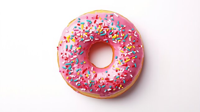 Delicious Single Pink Frosted Donut Covered with Colorful Rainbow Sprinkles Shot from Above Isolated on a Plain White Background