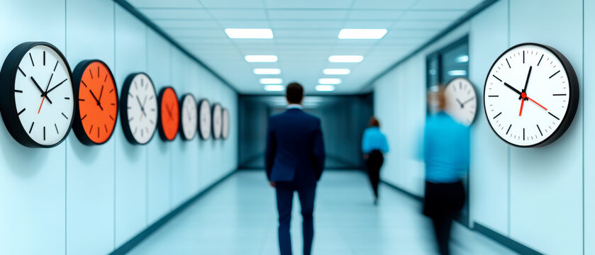 A businessman walks through a modern corridor lined with various clocks, emphasizing the passage of time and urgency in a corporate environment.