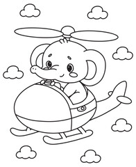 Coloring book elephant flying a helicopter under a cloudy sky. Fun line art for coloring