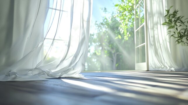 Fototapeta A sheer white curtain gently swaying by an open window on a breezy summer day.