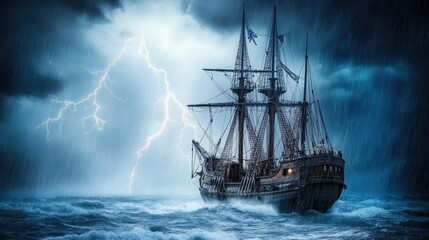 Ancient sailing vessel battles stormy ocean, lightning strikes.