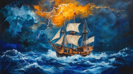 Fototapeta premium Sailing ship braves stormy sea, lightning flashes.