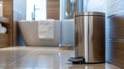 A small stainless steel trash can with a foot pedal in a modern bathroom.