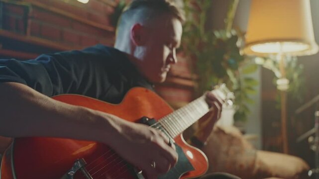 Skilled young musician performing electric guitar within nostalgic vintage interior, radiating warm ambient lighting and artistic passion