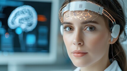 A woman wearing a futuristic looking brain scanning headset in a high tech laboratory setting surrounded by digital displays and advanced medical equipment