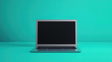 Fototapeta premium Modern Laptop Computer with Blank Black Screen Mockup Centered on a Vibrant Solid Teal Studio Background for Technology Concepts