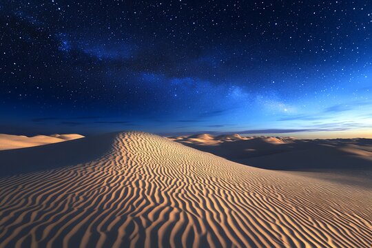 Starry night desert landscape with sand dunes under vibrant sky