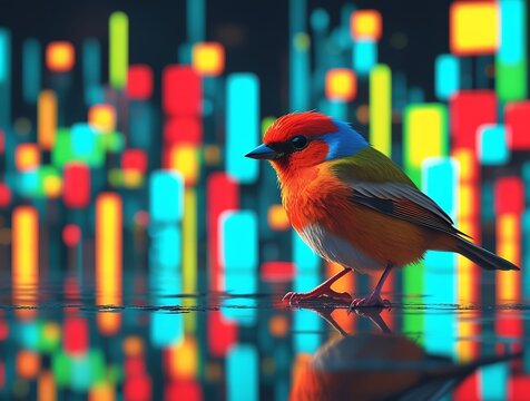 Vibrant colorful bird standing on a reflective surface with vivid neon cityscape in the background, glowing multicolored blocks and digital light reflections creating a futuristic mood.

