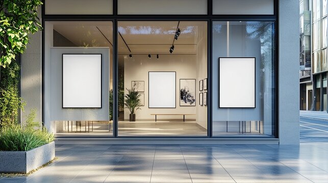 Modern storefront with large glass windows displaying blank white frames inside a minimalist gallery. The clean, open space highlights simplicity and contemporary design