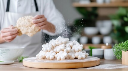 Chef preparing and dusting flower-shaped cookies.  Hands carefully place a piece of dough atop a stack of sugared cookies, dusted with powdered sugar
