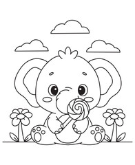 Coloring book elephant eating a lollipop, sitting between flowers under a cloudy sky