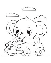 Coloring book elephant driving a car under a cloudy sky. Fun line art for coloring