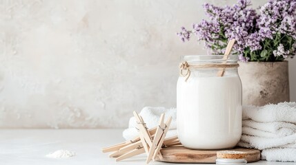 Fresh Milk Jar with Lavender Flowers and Soft Towels on Table