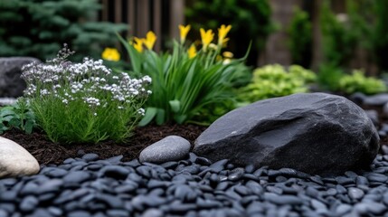 Landscaped garden bed with rocks and flowers
