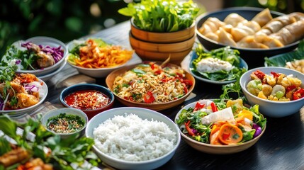 Vibrant Assorted Dishes with Fresh Ingredients on a Wooden Table